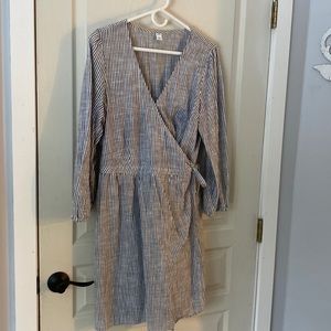 Grey and white striped wrap dress